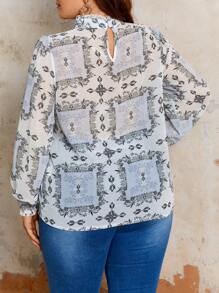 Flirla Plus Size Stand Collar Lantern Sleeve Top - Multicolor - View 3