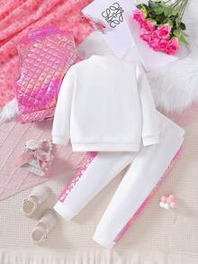 SHEIN Kids' Heart Patterned Sweatshirt, Sweatpants And Sleeveless Vest Set With Ribbed Trim Design - Multicolor - View 2