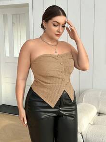 SHEIN Essnce 大码褶饰不对称下摆露肩上衣 - 卡其色 - 查看 5