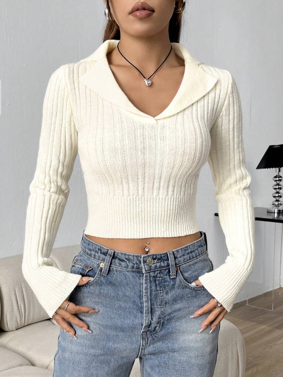 Women's Lapel Tight White Knit Pullover Fall Winter Sweater