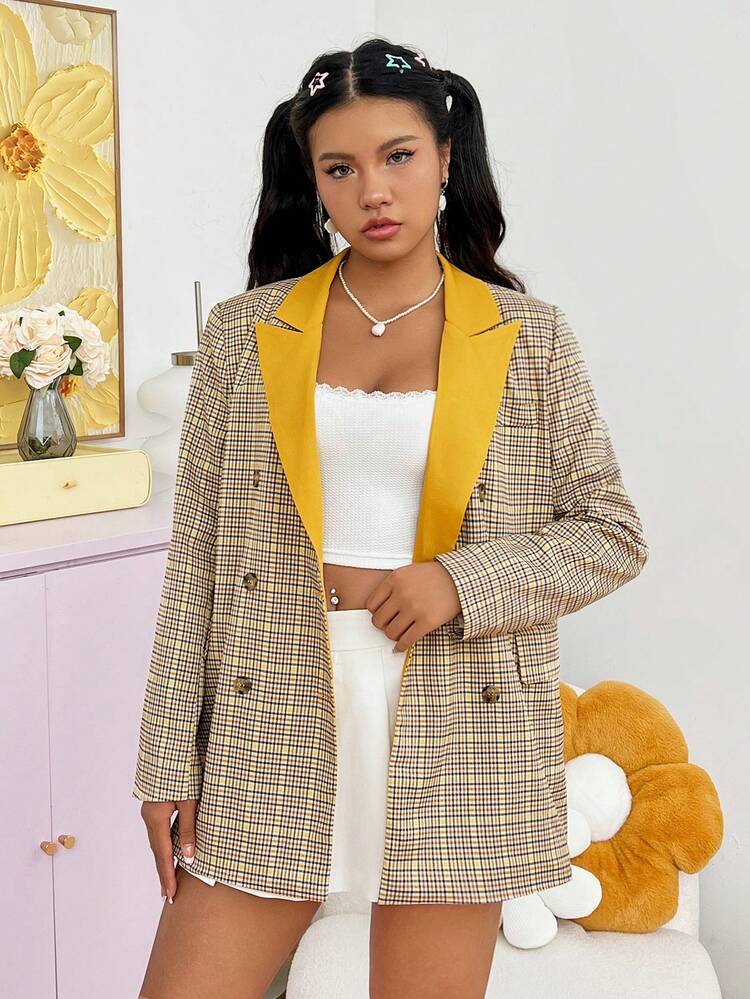 Women'S Plaid Collar Double Breasted Color-Block Blazer