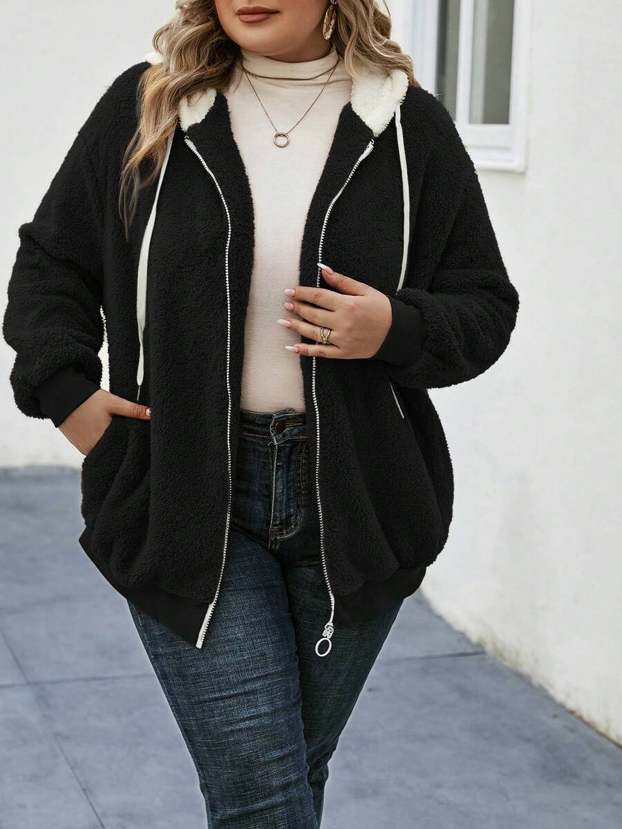 SHEIN LUNE Plus Size Women's Drawstring Hooded Jacket - Black - View 1