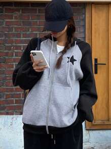 DAZY 女式秋季五角星图案插肩袖拉链前开连帽运动衫，休闲保暖内衬 - 灰色 - 查看 6