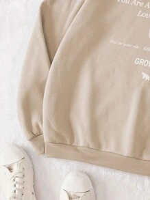 SHEIN EZwear Áo nỉ có mũ Với Mẫu , Giải trí Phong cách - Màu Khaki - Xem 3