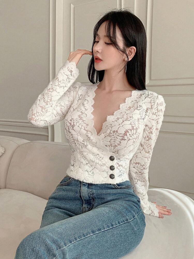 Lace Trim Scallop Hem Long Sleeve Shirt Going Out Tops Sheer