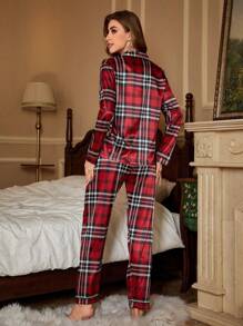 Plaid Print Satin PJ Set / Pajama Set - Red - View 2