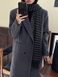 DAZY Striped Fringe Hem Scarf - Black - View 5