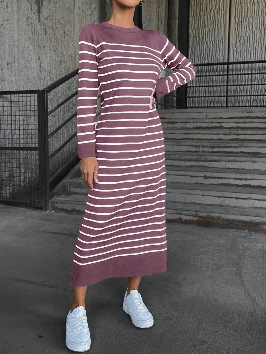 SHEIN Cottnline Striped Long Sleeve Round Neck Sweater Dress - Dusty Pink - View 1