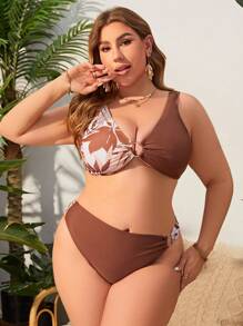 SHEIN Swim Curve 大尺碼女士熱帶印花比基尼套裝,附圓形細節 - 彩色 - 查看 4