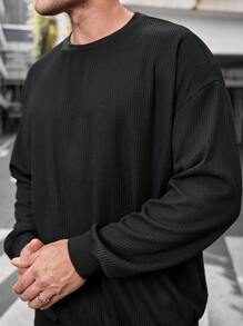 GENTILAND Loose Men's Plus Size Knitted Casual Round Neck Sweatshirt - Dark Grey - View 6