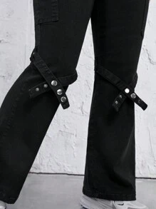 SHEIN ICON Women's Plus Size Flap Pockets Flare Jeans - Black - View 4