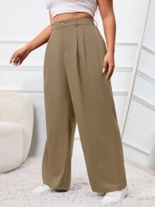 SHEIN EZwear 秋冬大码女式微褶直筒西装裤 - 卡其色 - 查看 4