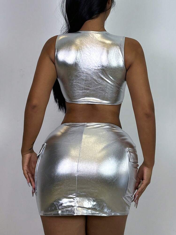 Ladies' Metallic Bikini Set With Pocket Design Carnival Summer Beach