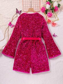 青少年女孩亮片長袖高腰華麗派對連身衣 - 玫紅色 - 查看 2