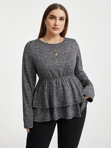 SHEIN Essnce 加大碼女款圓領t恤,襯托荷葉邊緣 - 深灰色 - 查看 3
