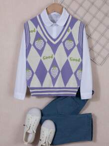 SHEIN 小女孩草莓和鑽石圖案無袖毛衣背心,不含襯衫 - 紫色 - 查看 1