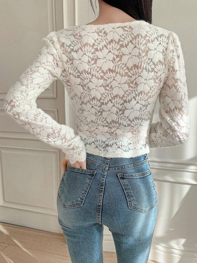 Lace Trim Scallop Hem Long Sleeve Shirt Going Out Tops Sheer