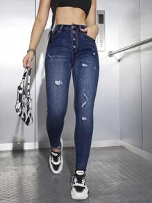 SHEIN ICON Brushed Skinny Pants With Button Fastening - Medium Wash - View 3