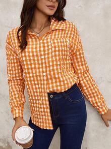 SHEIN LUNE Của phụ nữ Kẻ sọc In Túi vá Nút phía trước Áo sơ mi - Nhiều màu - Xem 3