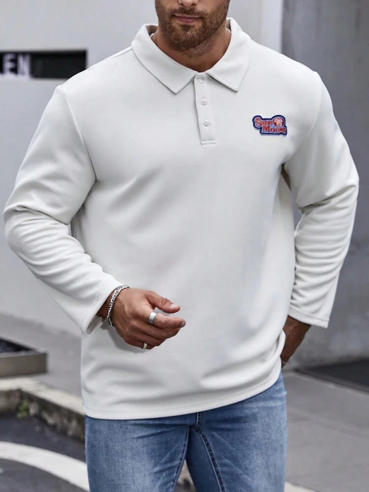 Men's Plus Size Long Sleeve Polo Shirt With Letter Applique And Button Closure