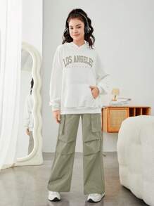 SHEIN Leap Crew Thiếu niên Cô gái In thư Hoodie Với Túi Và Quần Chạy bộ Giải trí Hai chiếc Bộ - xanh quân đội - Xem 7