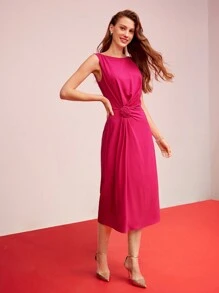 MOTF PREMIUM 编织女士褶饰立体花朵纯色连衣裙，情人节装 - 玫紅色 - 查看 1