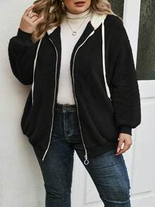 SHEIN LUNE Plus Size Women's Drawstring Hooded Jacket - Black - View 4