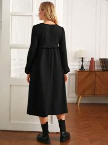 SHEIN Maternity Solid Color Lantern Sleeve Dress With Frill Hem - Black - View 2