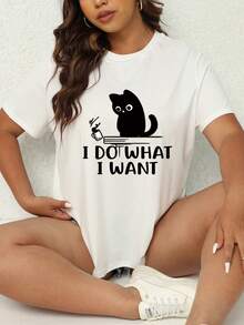 SHEIN LUNE 女大尺碼貓和字母印花短袖 T 卹 - 白色 - 查看 7