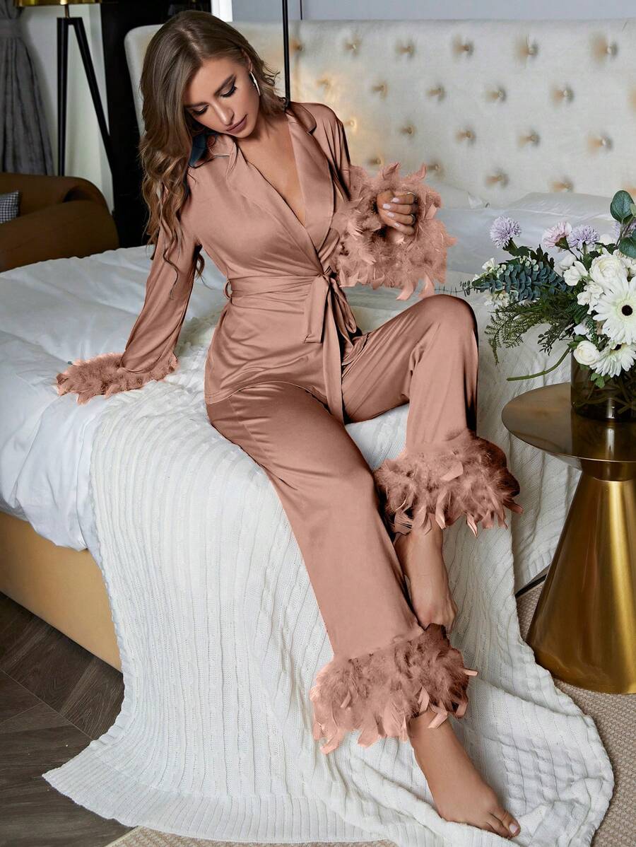Fuzzy Decorated Belted Pajama Set, Vacation