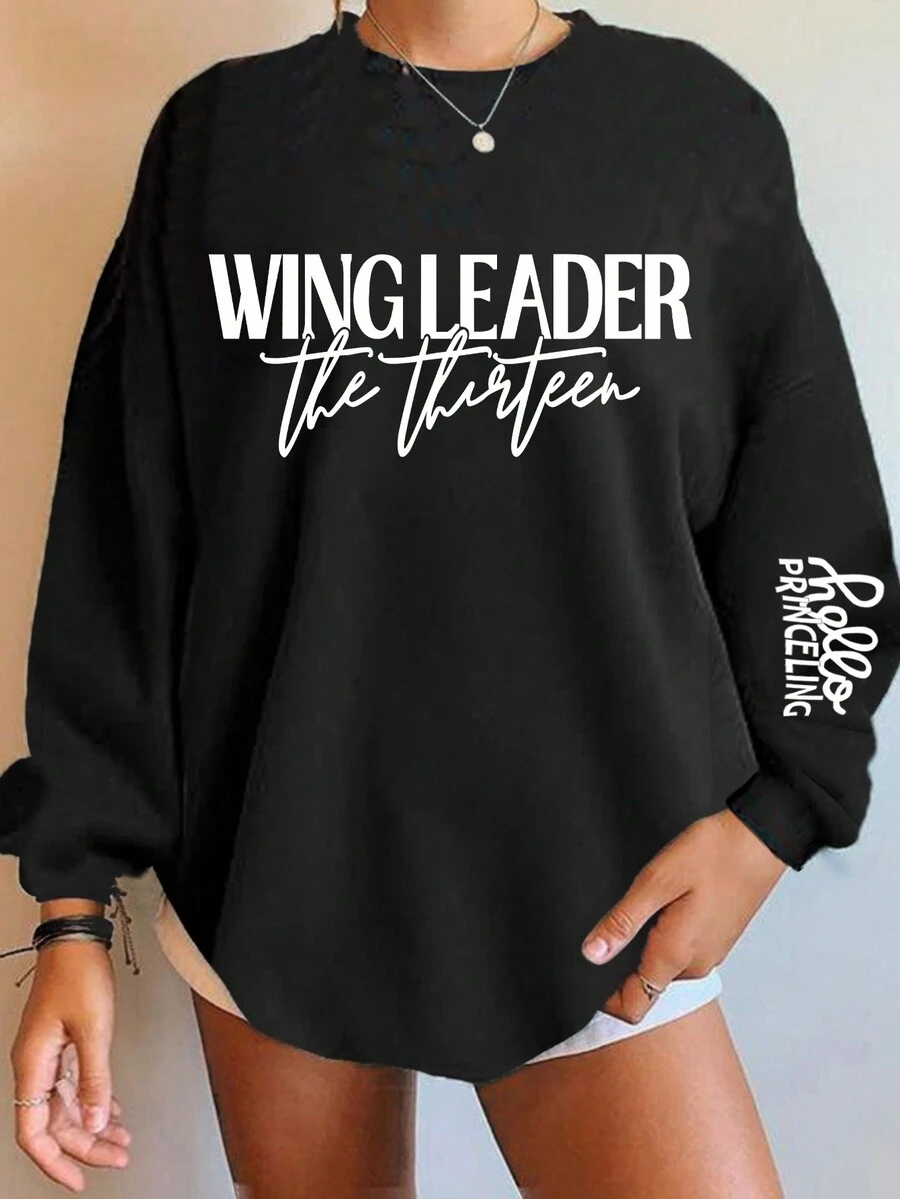 SHEIN EZwear Của phụ nữ Kích thước lớn Thả vai Áo nỉ Với In thư - màu đen - Xem 1