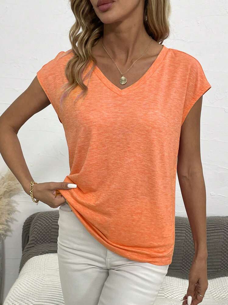SHEIN LUNE V領蝙蝠袖t卹 - 橘色 - 查看 4