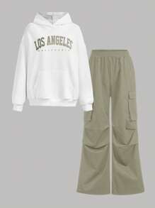 SHEIN Leap Crew Thiếu niên Cô gái In thư Hoodie Với Túi Và Quần Chạy bộ Giải trí Hai chiếc Bộ - xanh quân đội - Xem 3