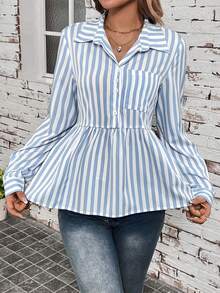 SHEIN LUNE Half Placket Striped Shirt - Blue and White - View 6