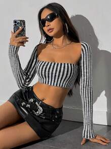 SHEIN Unity Women's Short Striped Sweater Knit Pullover Fall Winter Outfit - Grey - View 5