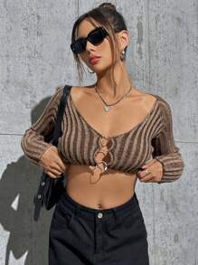 SHEIN Unity Women's Striped Ring Cardigan Fall Cloth For Women - Coffee Brown - View 4