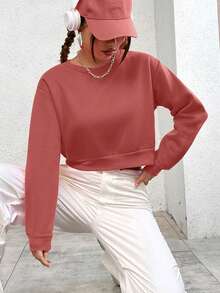 SHEIN EZwear Chất rắn Lót nhiệt Áo len crop - Màu hồng gỉ - Xem 5