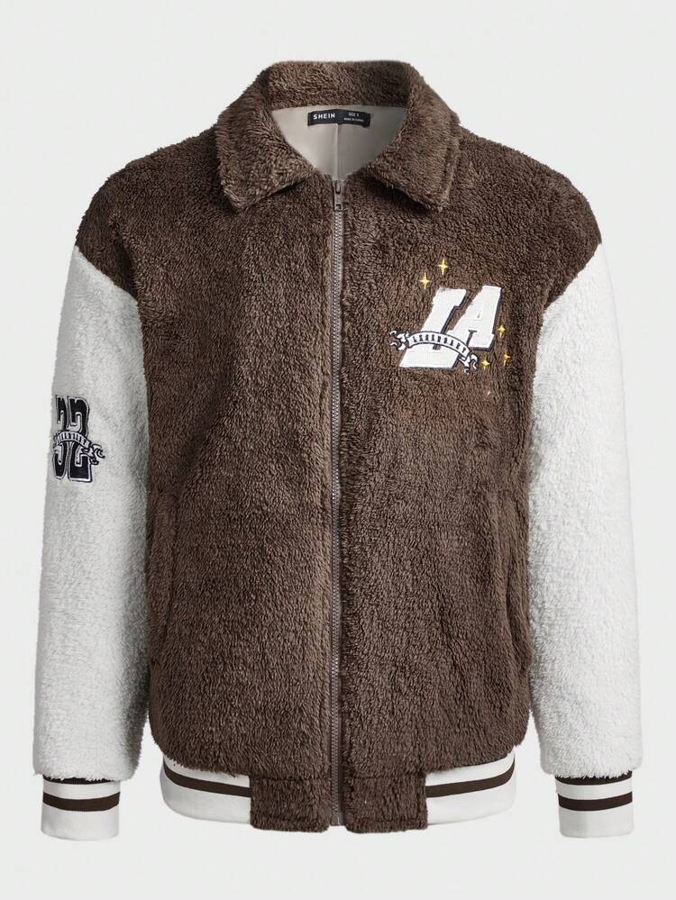 Loose Fit Men's Teddy Jacket With Letter Embroidery And Drop Shoulder Design