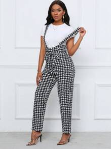 SHEIN Clasi Women Jumpsuits Berikat Kantong Houndstooth Casual Anggun - Hitam dan Putih - View 3