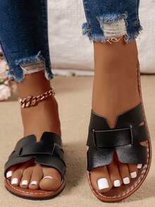 韩版休闲平底凉鞋，夏季露趾拖鞋，秋季新款编织罗马风沙滩鞋，夏季女士时尚搭配裙装去海滩，波西米亚风度假平底凉鞋，易穿沙滩拖鞋 - 黑色 - 查看 4