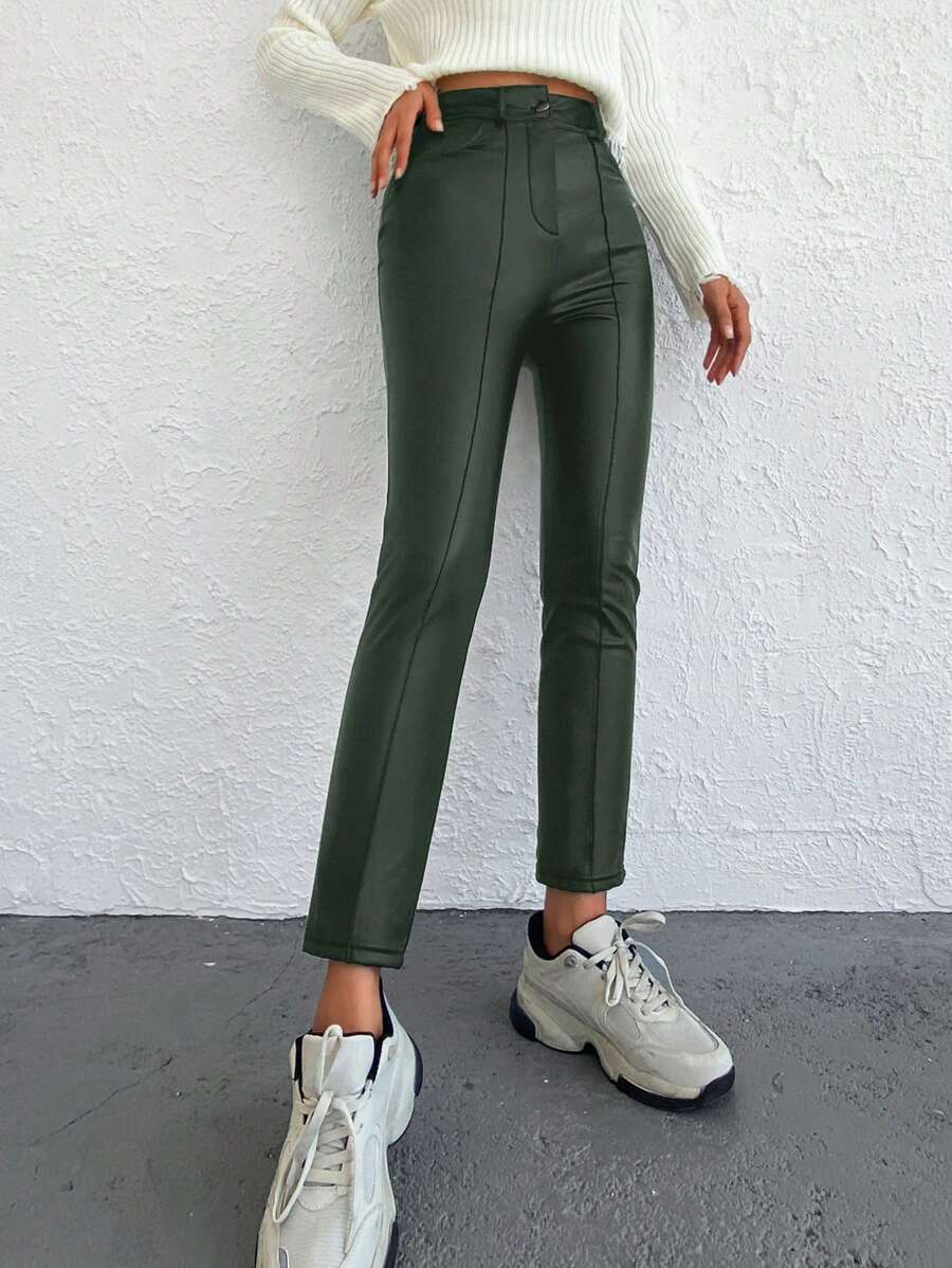 EURMUSE PU Leather Cropped Pants - Green - View 1