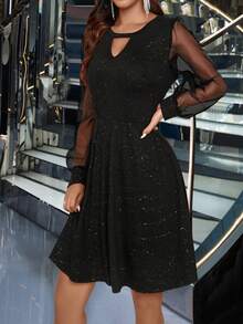 Women's Mesh Contrast Sheer V-Neck Dress - Black - View 7