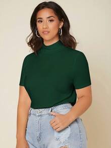 SHEIN BASICS Kích thước lớn Của phụ nữ Đứng cổ áo Ngắn tay Áo thun - Màu xanh lá cây đậm - Xem 4