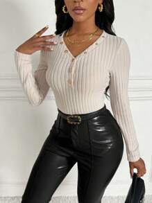 SHEIN Slayr Women's Solid Color Button Placket Ribbed Slim Fit T-shirt - Khaki - View 6