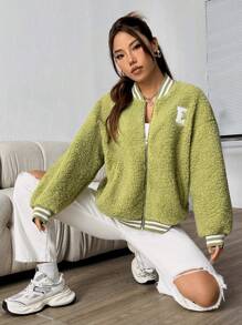 SHEIN Unity 文本和圖案圖形棒球夾克 - 綠色 - 查看 5