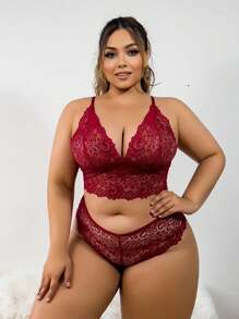 Plus Size Lace Perspective Sexy Lingerie Set - Burgundy - View 1