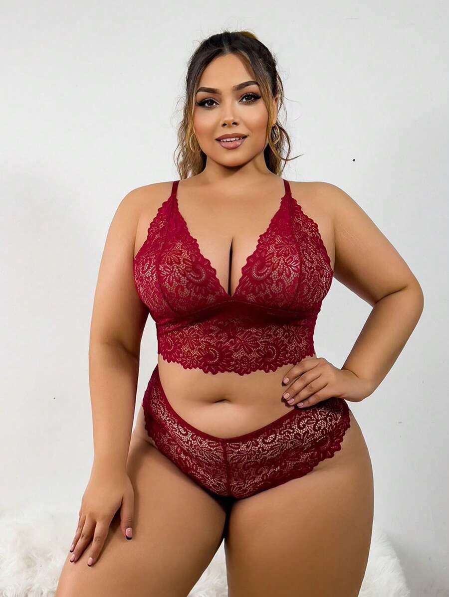 Plus Size Lace Perspective Sexy Lingerie Set - Burgundy - View 1
