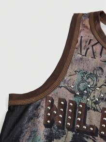 ROMWE Grunge Punk 女式复古人物印花背心 狂野，学校 - 咖啡棕 - 查看 4