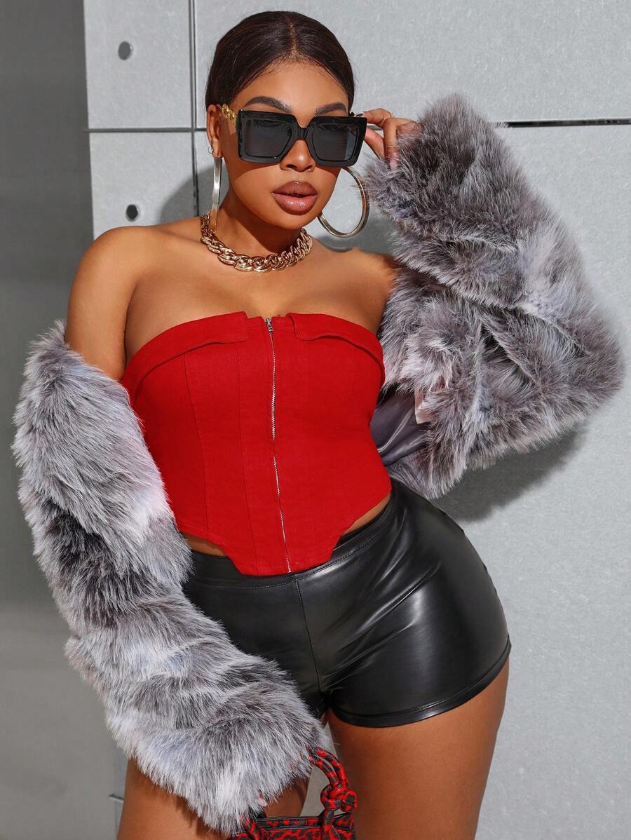 SHEIN SXY Kích thước lớn Denim Áo không dây Đối với phụ nữ , Lễ tạ ơn - Đỏ - Xem 1