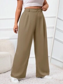 SHEIN EZwear 秋冬大码女式微褶直筒西装裤 - 卡其色 - 查看 5